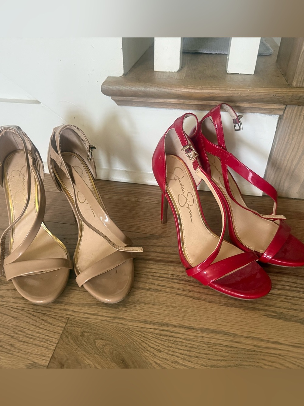 Jessica Simpson 2 PAIR Red & Nude Patent Ankle-Strap Stiletto Sandals 8M